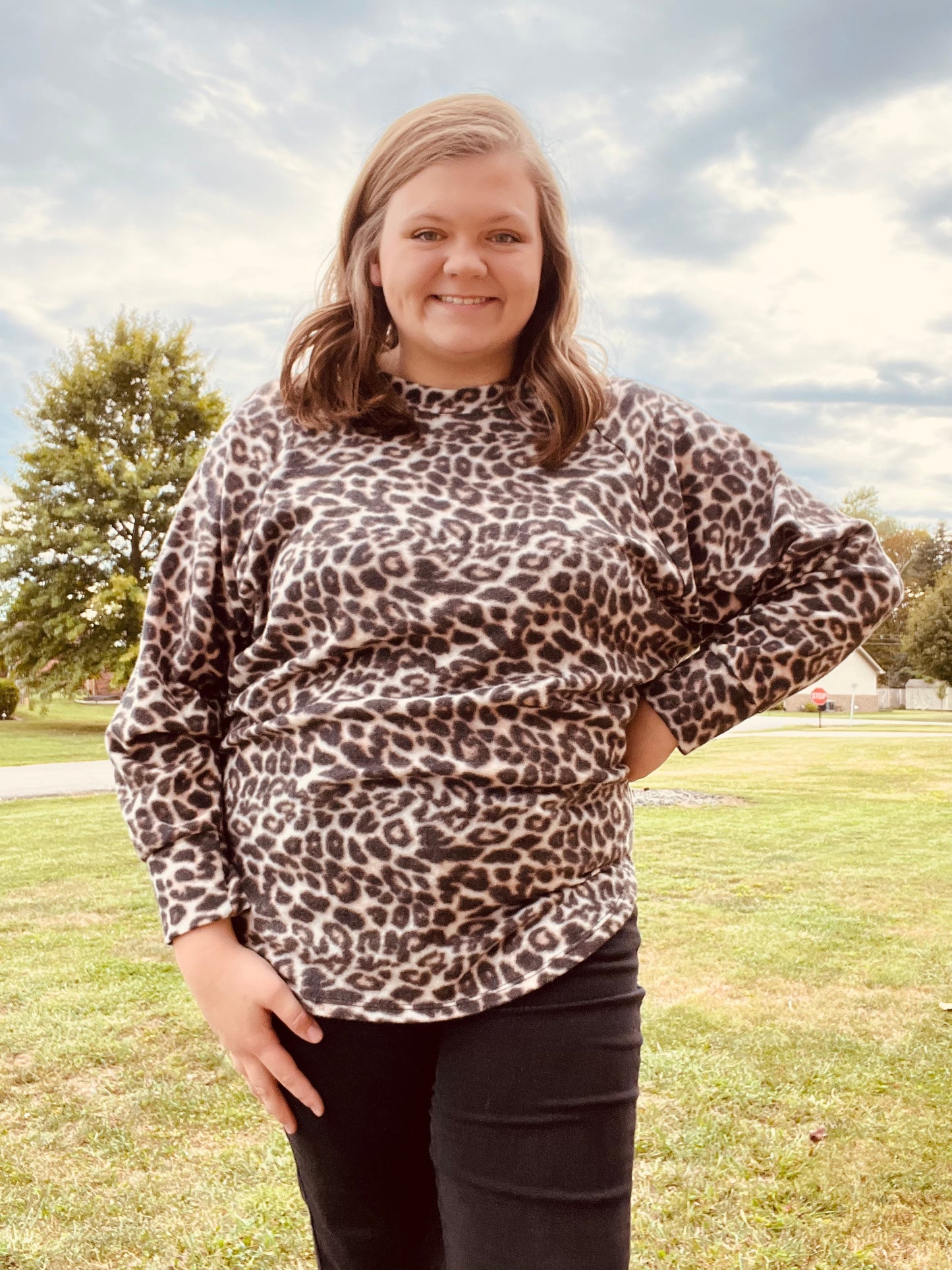 Leopard print brushed fabric top