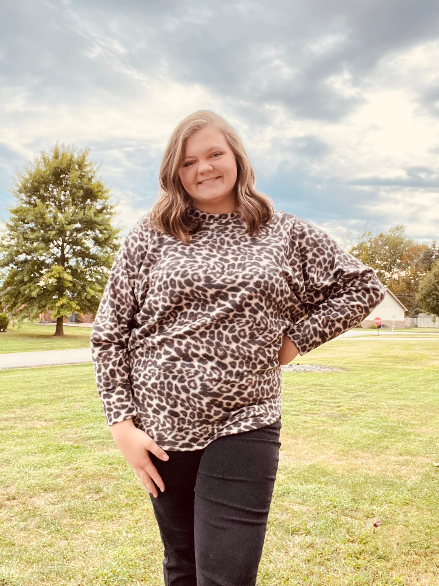 Leopard print brushed fabric top